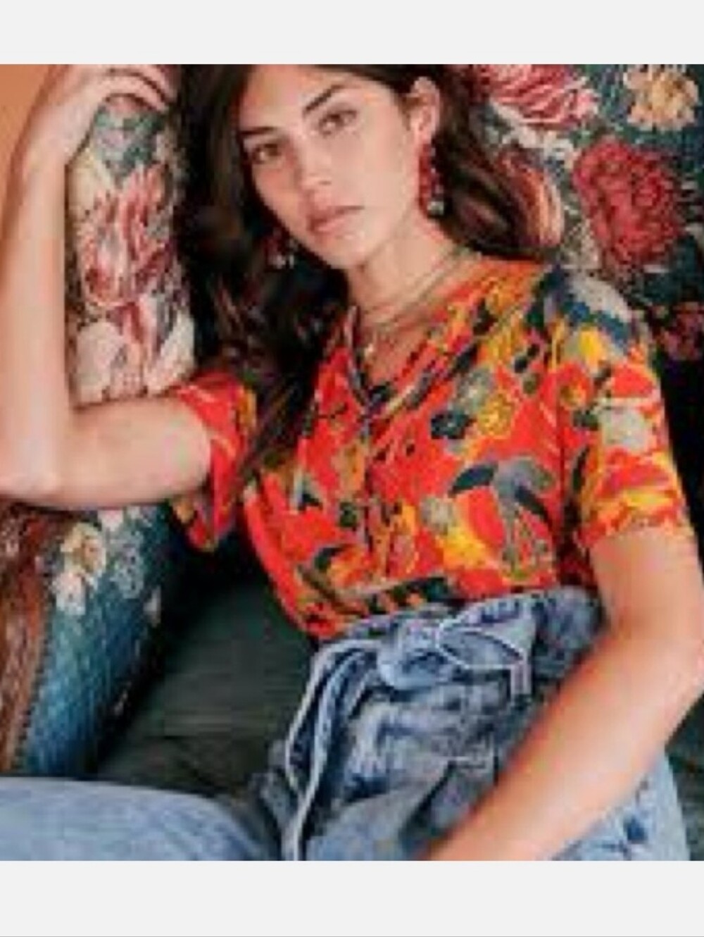 Sezane "These Blouse". Floral Lace-Up Peasant Top. Birds. Red, Blue, Green. 6 US